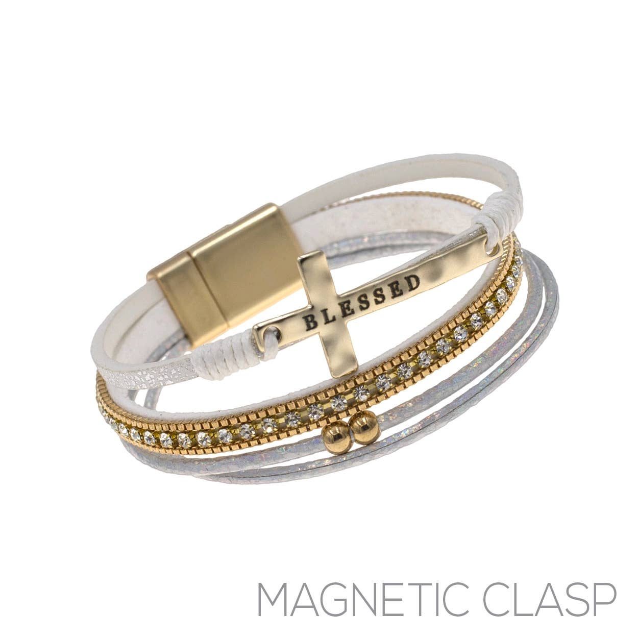 Blessed Cross Multi Layer Leather Magnetic Clasp Bracelet: Jet Black