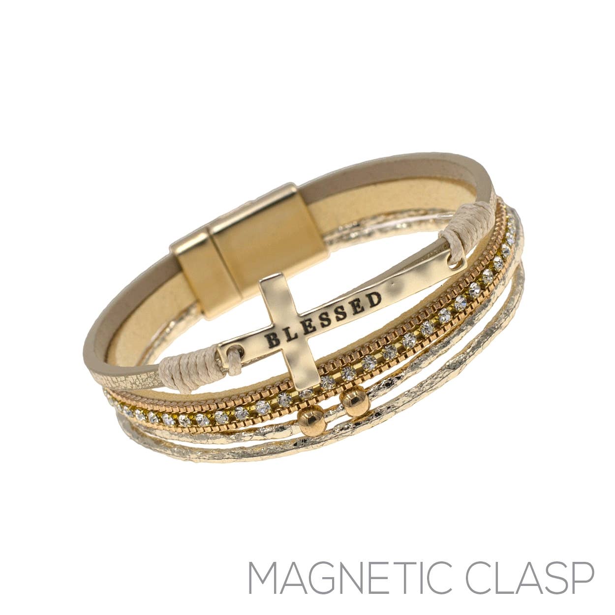 Blessed Cross Multi Layer Leather Magnetic Clasp Bracelet: Jet Black