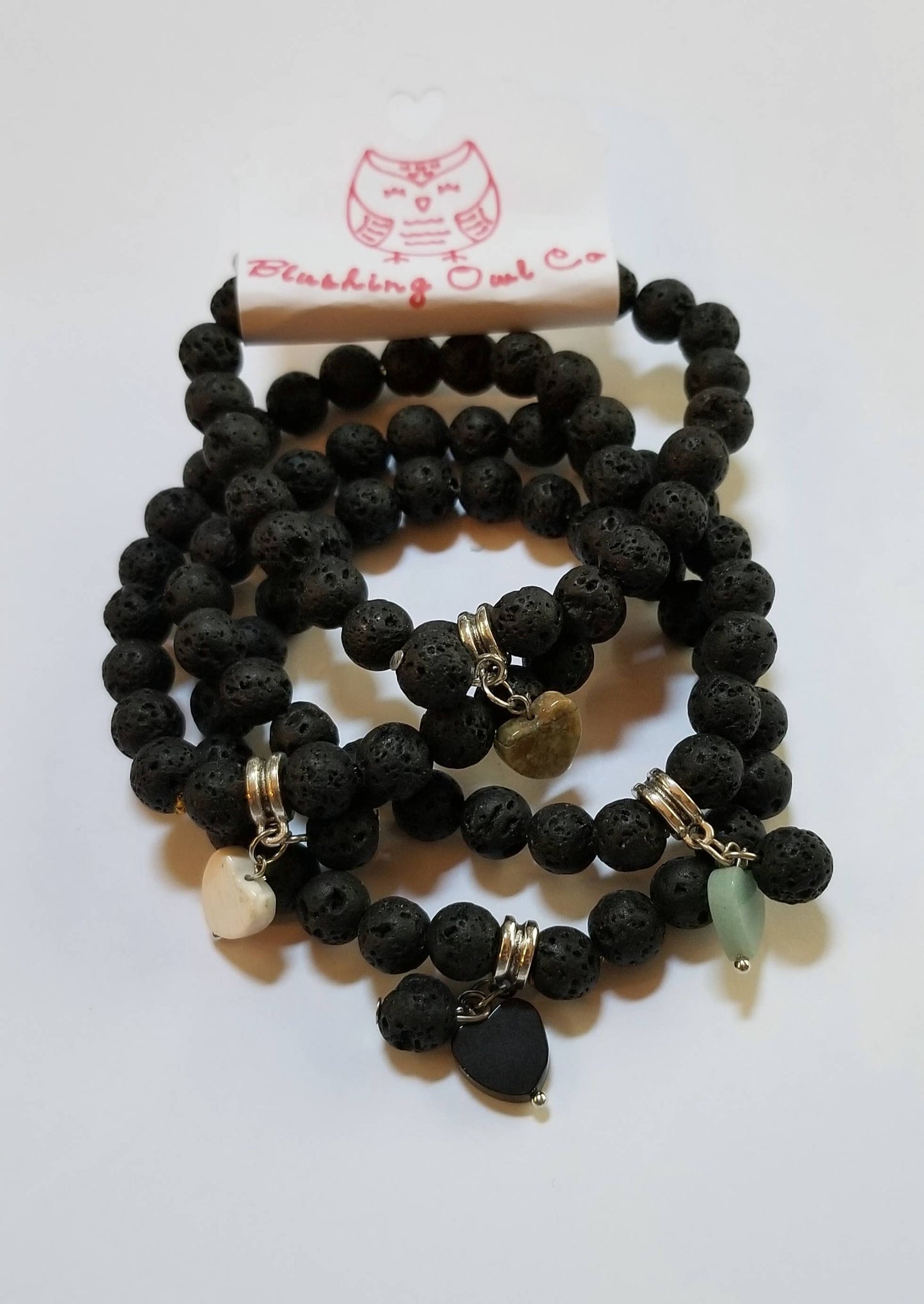 Natural Lava Rock Stretch Bracelet w/ Gemstone Heart Accent