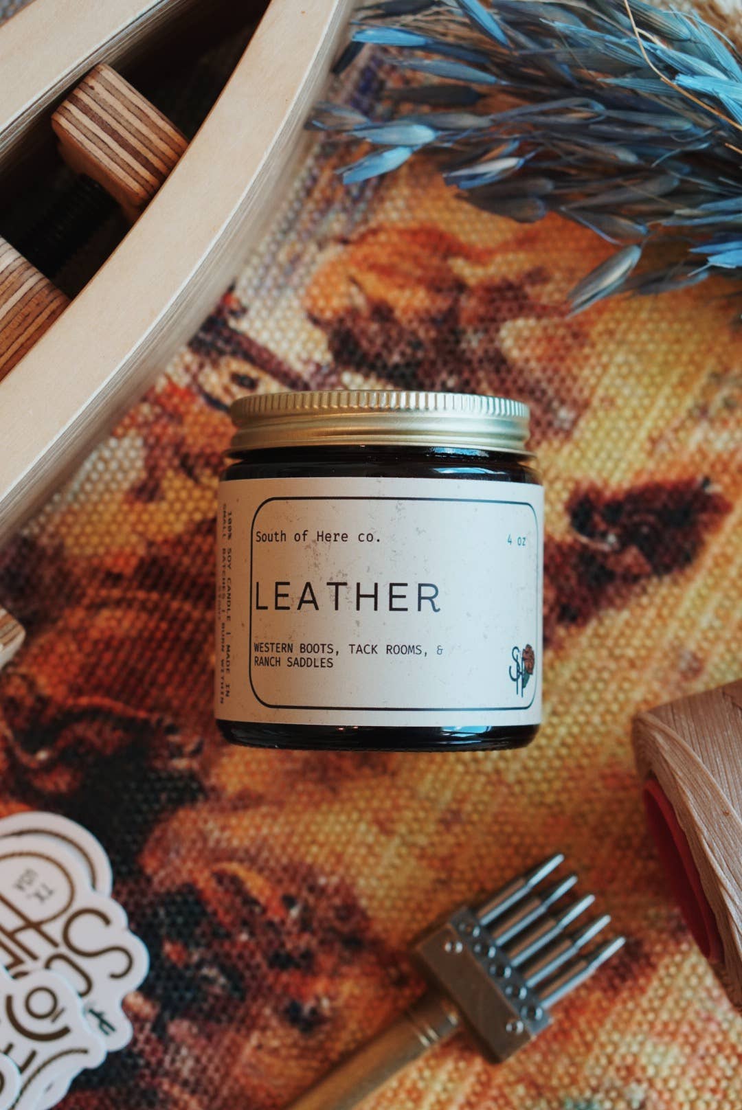 Leather Scented Soy Wax Filled Candle in Amber Jar: 4oz