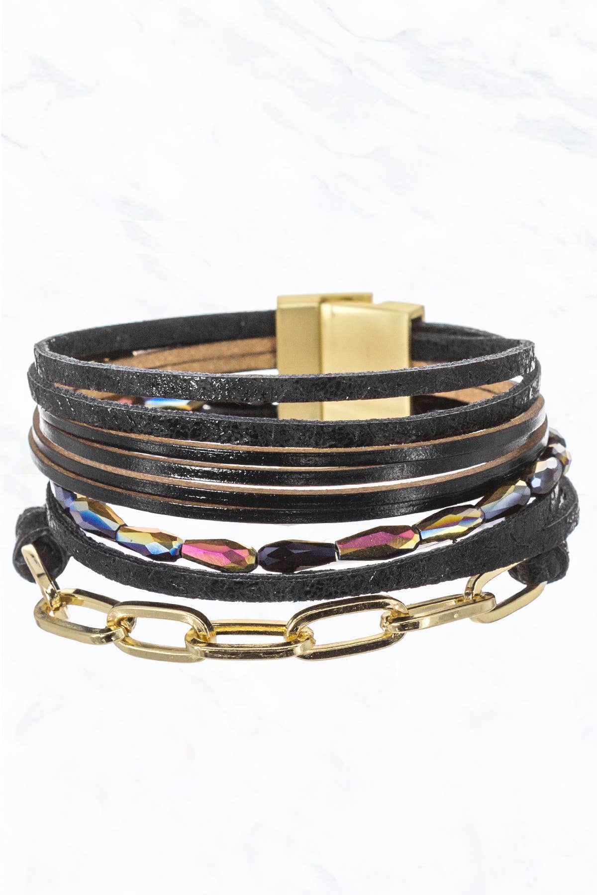 Leather Multi-Layer, Linked Chain, Magnetic Clasp Bracelet: Ivory