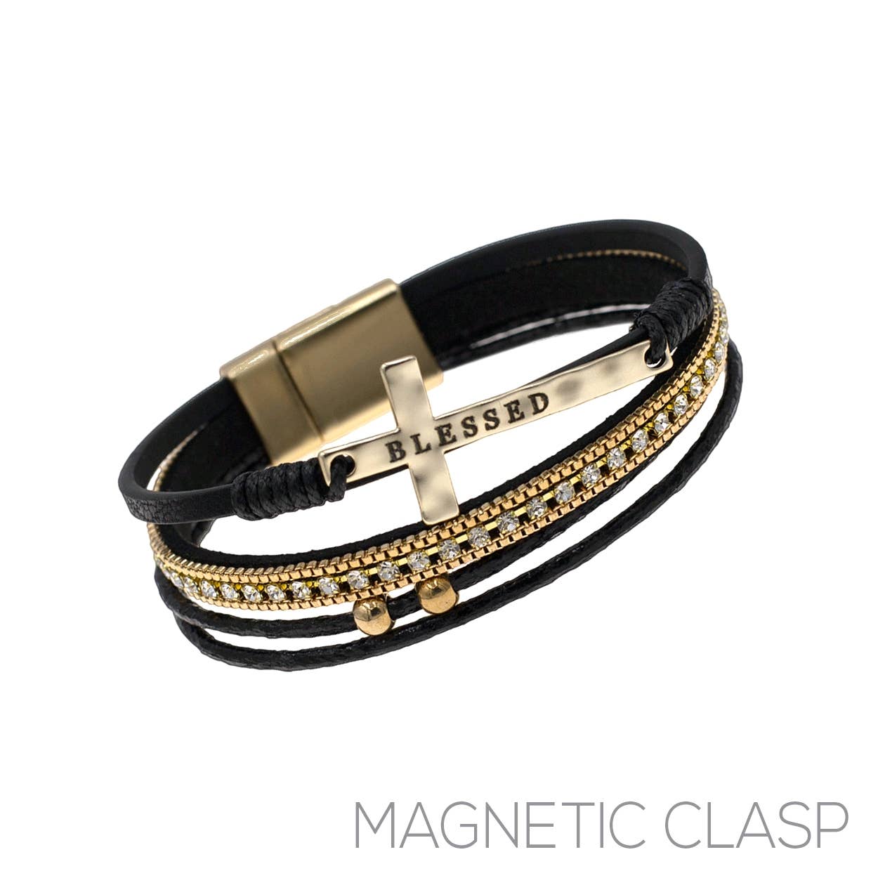 Blessed Cross Multi Layer Leather Magnetic Clasp Bracelet: White