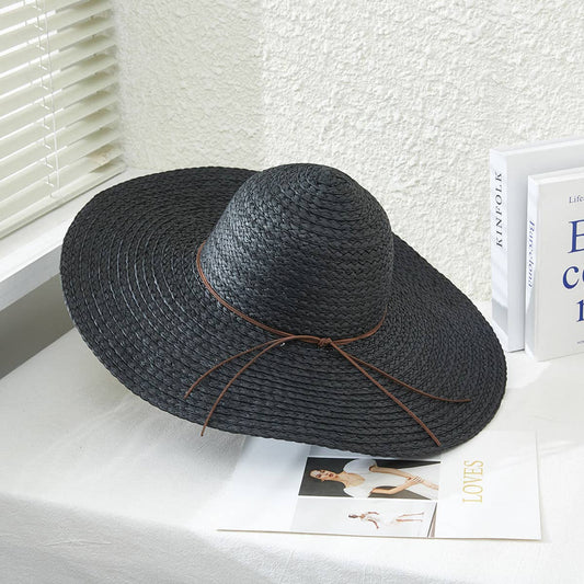 Solid Color Floppy Straw Hat: Black