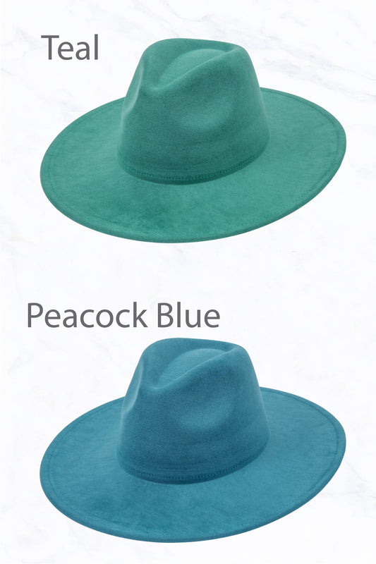 Suede Large Eaves Peach Top Fedora Hat: Peacock Blue