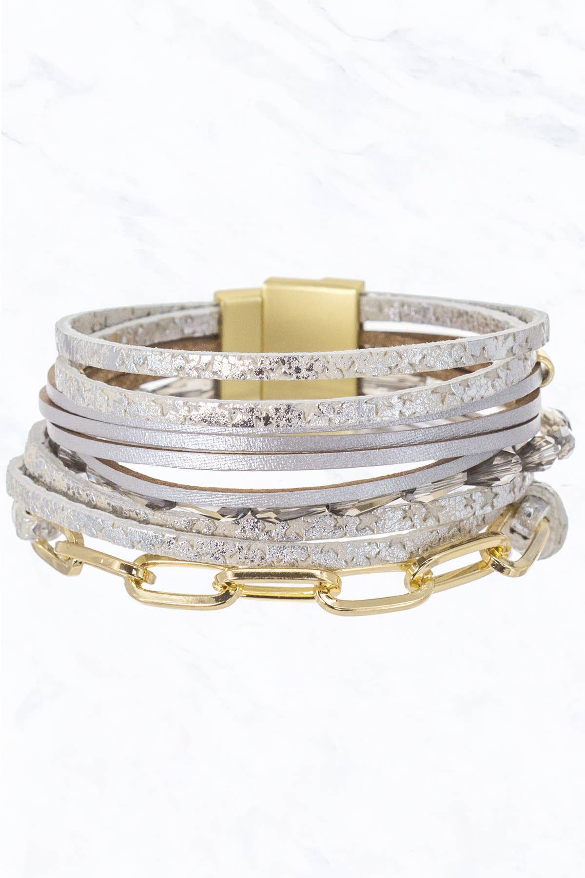 Leather Multi-Layer, Linked Chain, Magnetic Clasp Bracelet: Ivory