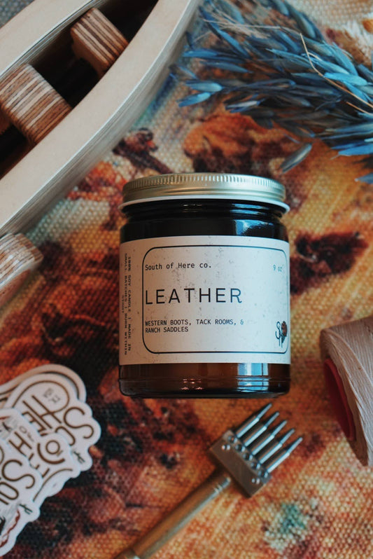 Leather Scented Soy Wax Filled Candle in Amber Jar: 4oz