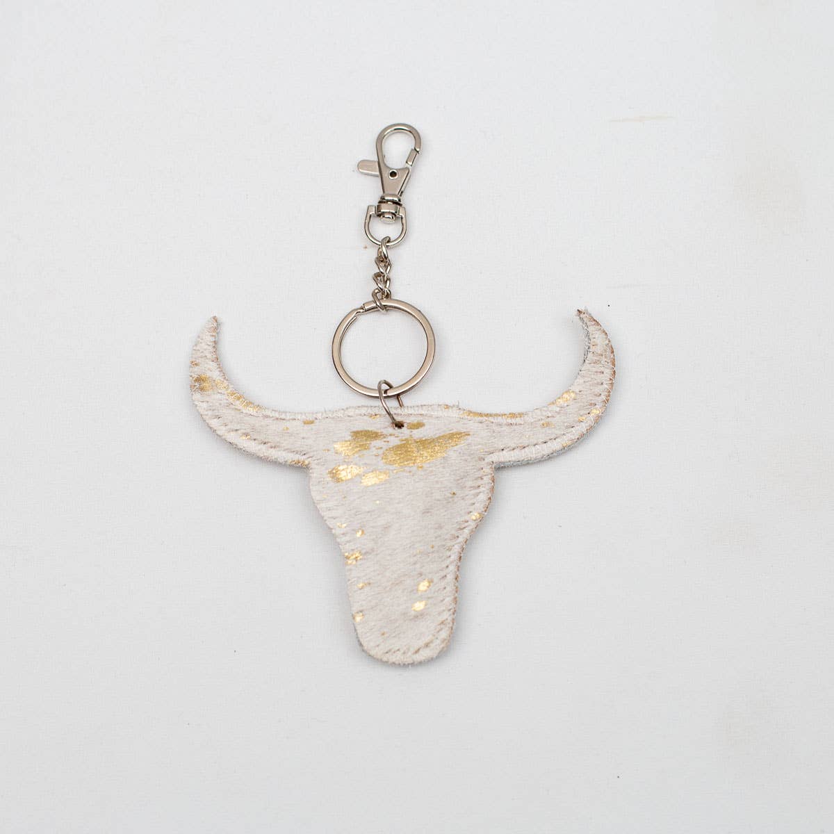 Longhorn Speckled Metallic Hide Keychain Clip   White/Gold   4x4