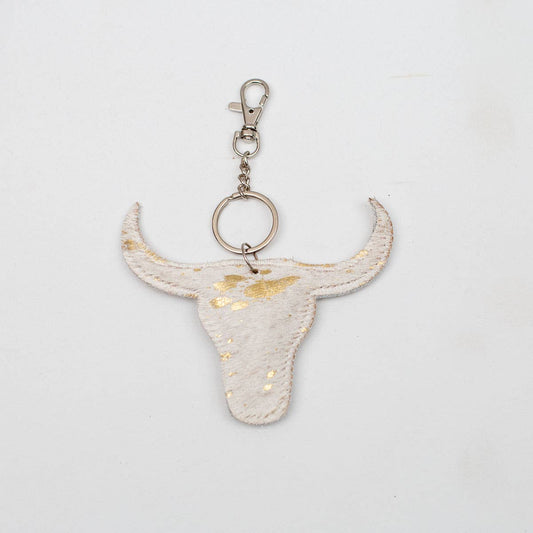 Longhorn Speckled Metallic Hide Keychain Clip   White/Gold   4x4
