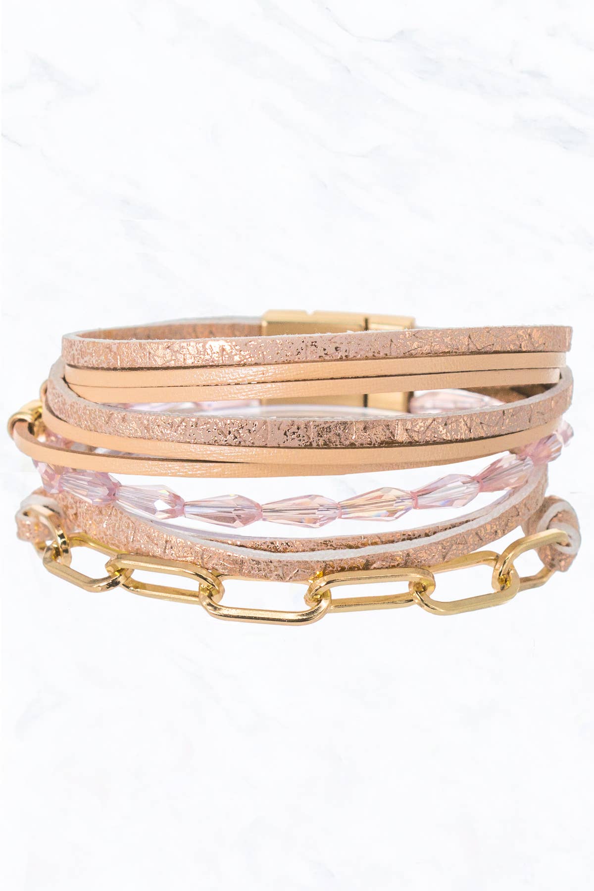 Leather Multi-Layer, Linked Chain, Magnetic Clasp Bracelet: Rose Gold