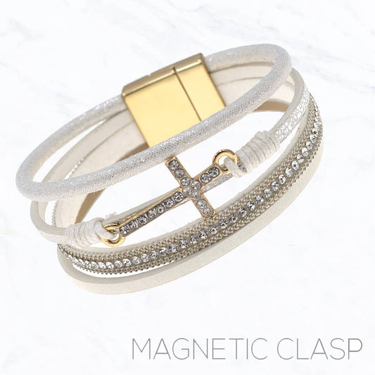 Cross Leather Magnetic Clasp Bracelet: White