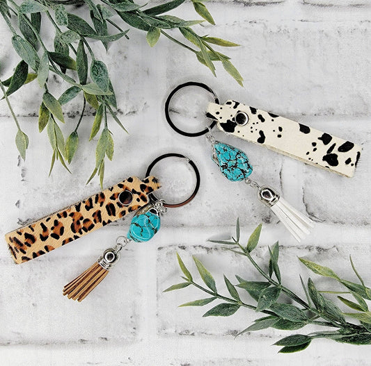 Cowhide Turquoise Tassel Keychain Cheetah Jewelry Western: Zebra