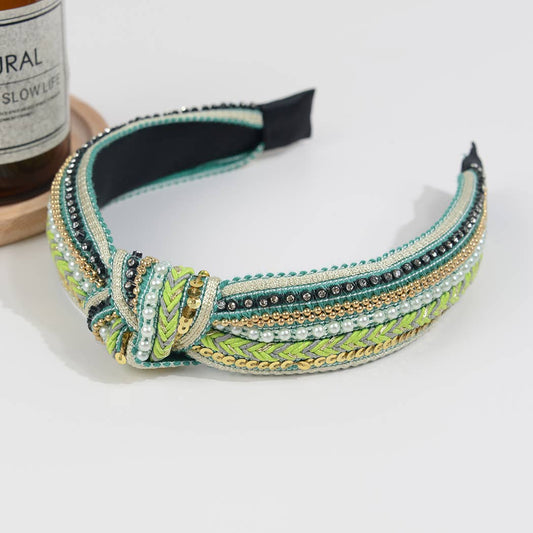 Ethnic Rhinestone Knotted Headband: Green