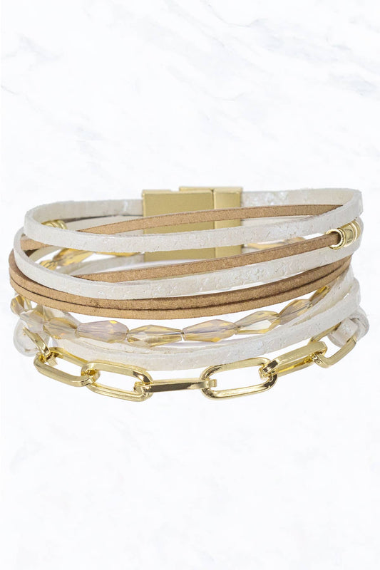 Leather Multi-Layer, Linked Chain, Magnetic Clasp Bracelet: Ivory